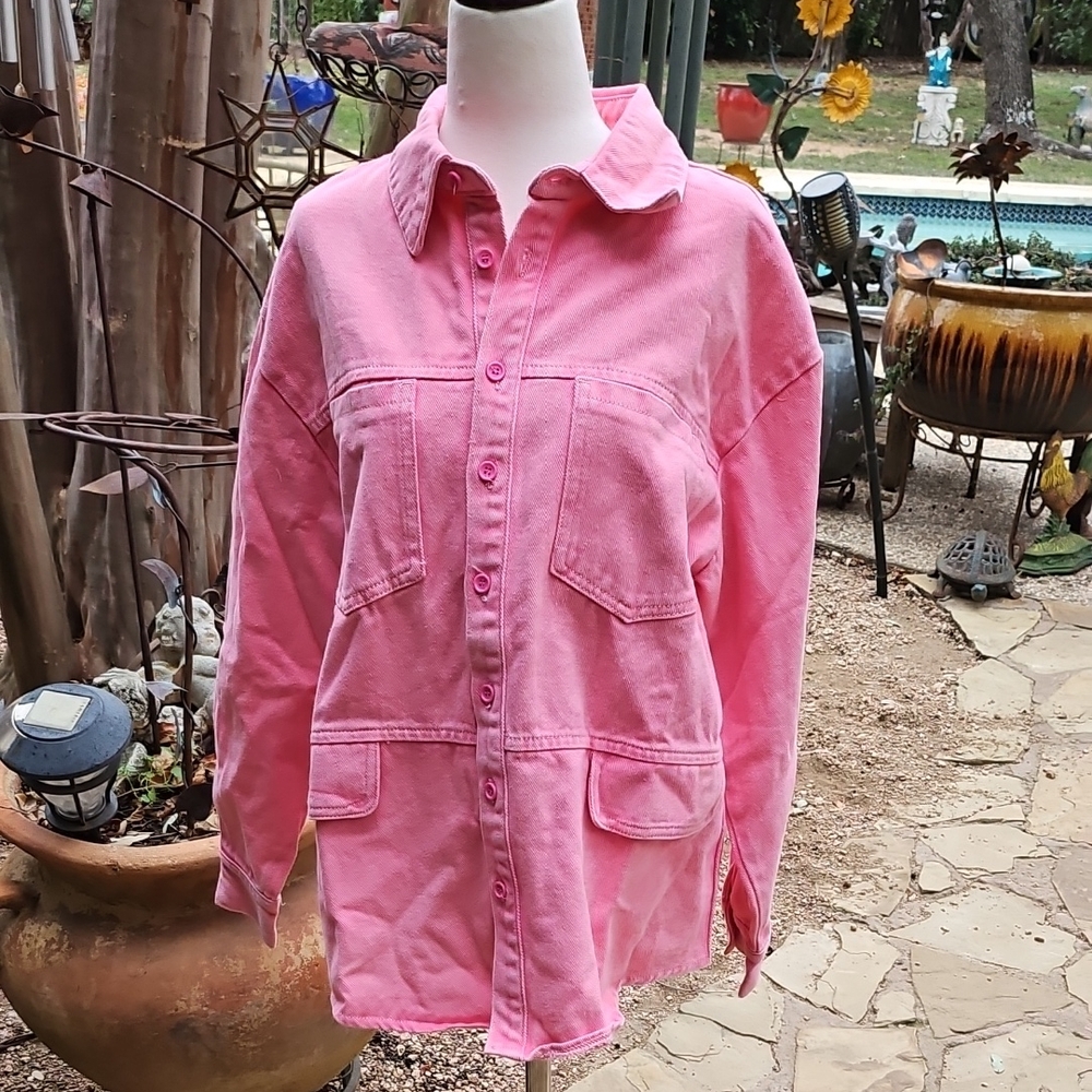 NEW Pretty Little Thing Petite Pink Pocket Detail Oversized Denim Jacket 6 US